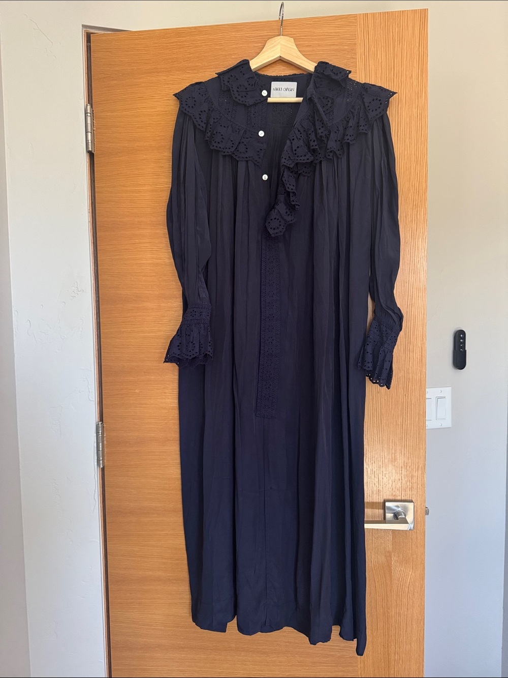Nikki Chasin Navy Silk Eyelet-Trim Long Sleeve Dress